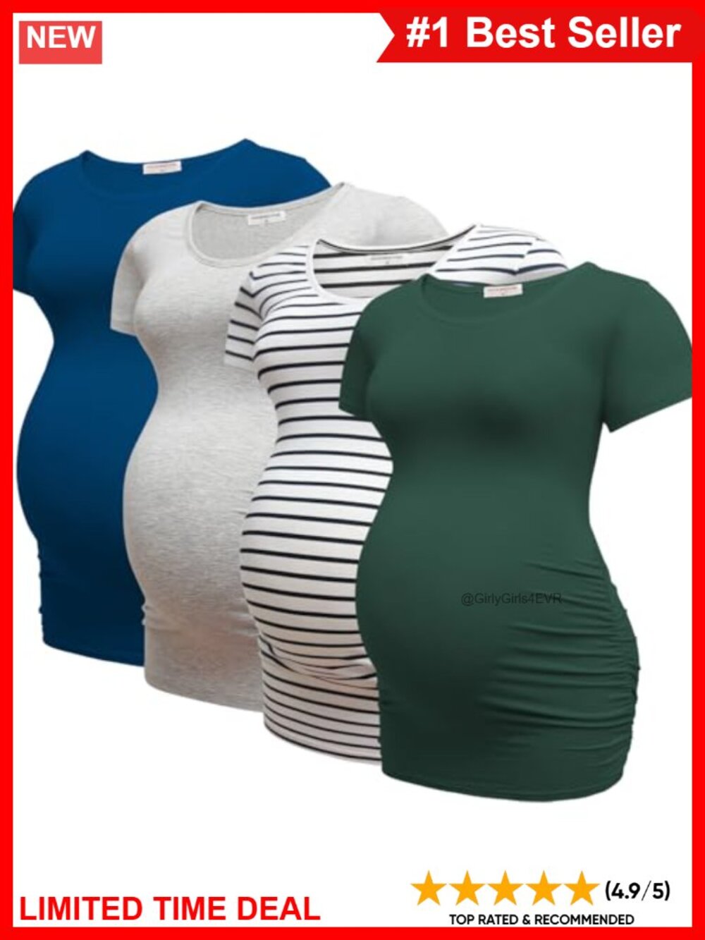 4 Pack Maternity Shirts Crew Neck Short Sleeve Ruched Pregnancy Tops